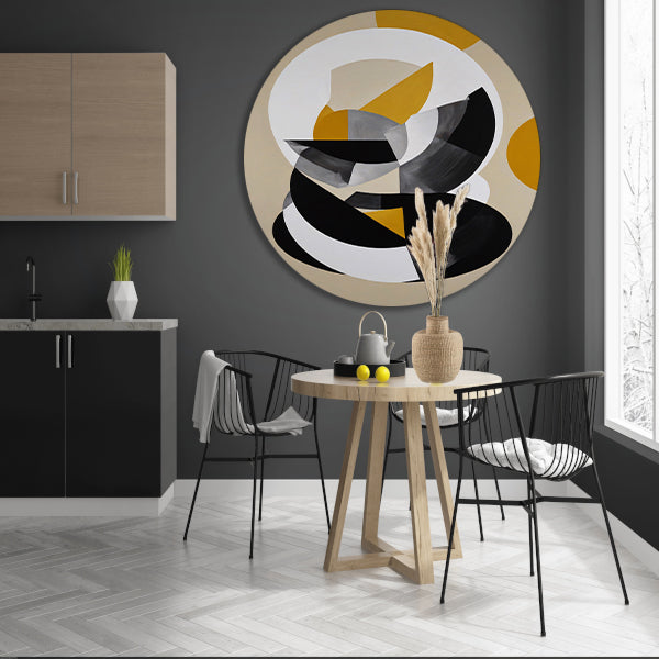 Abstract Geometrisch Spel in Zwart, Wit, Geel aluminium muurcirkel