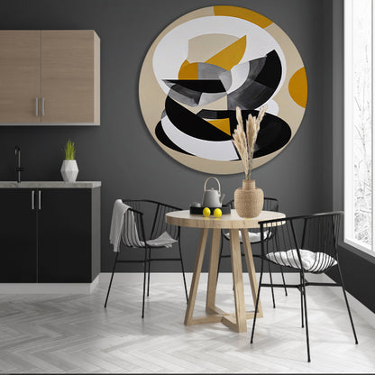 Abstract Geometrisch Spel in Zwart, Wit, Geel aluminium muurcirkel