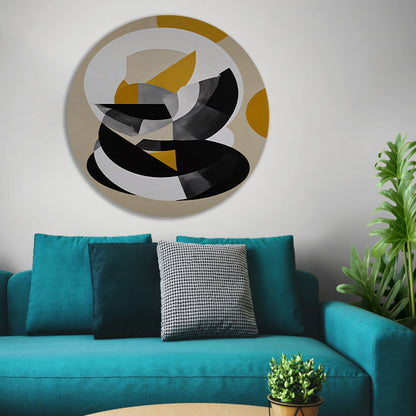Abstract Geometrisch Spel in Zwart, Wit, Geel aluminium muurcirkel