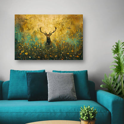 Majestueus hert in kleurrijk bloemenveld schilderij poster