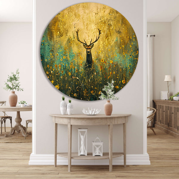 Majestueus hert in kleurrijk bloemenveld schilderij aluminium muurcirkel