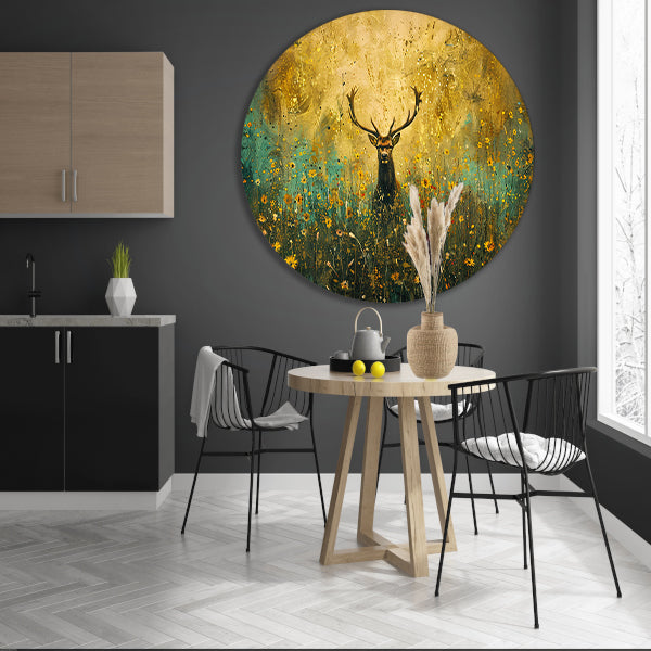 Majestueus hert in kleurrijk bloemenveld schilderij aluminium muurcirkel