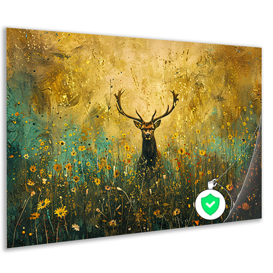 Majestueus hert in kleurrijk bloemenveld schilderij poster