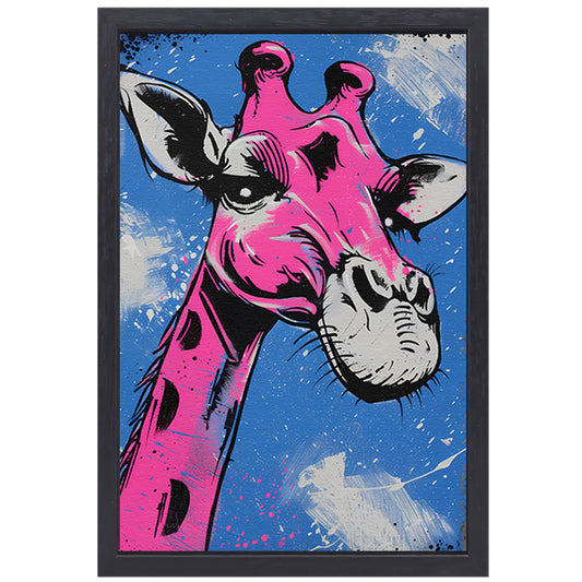 Kleurrijke moderne giraffe op blauwe achtergrond canvas met baklijst