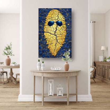 Gouden Aardappel met Zonnebril op Blauwe Achtergrond canvas met baklijst
