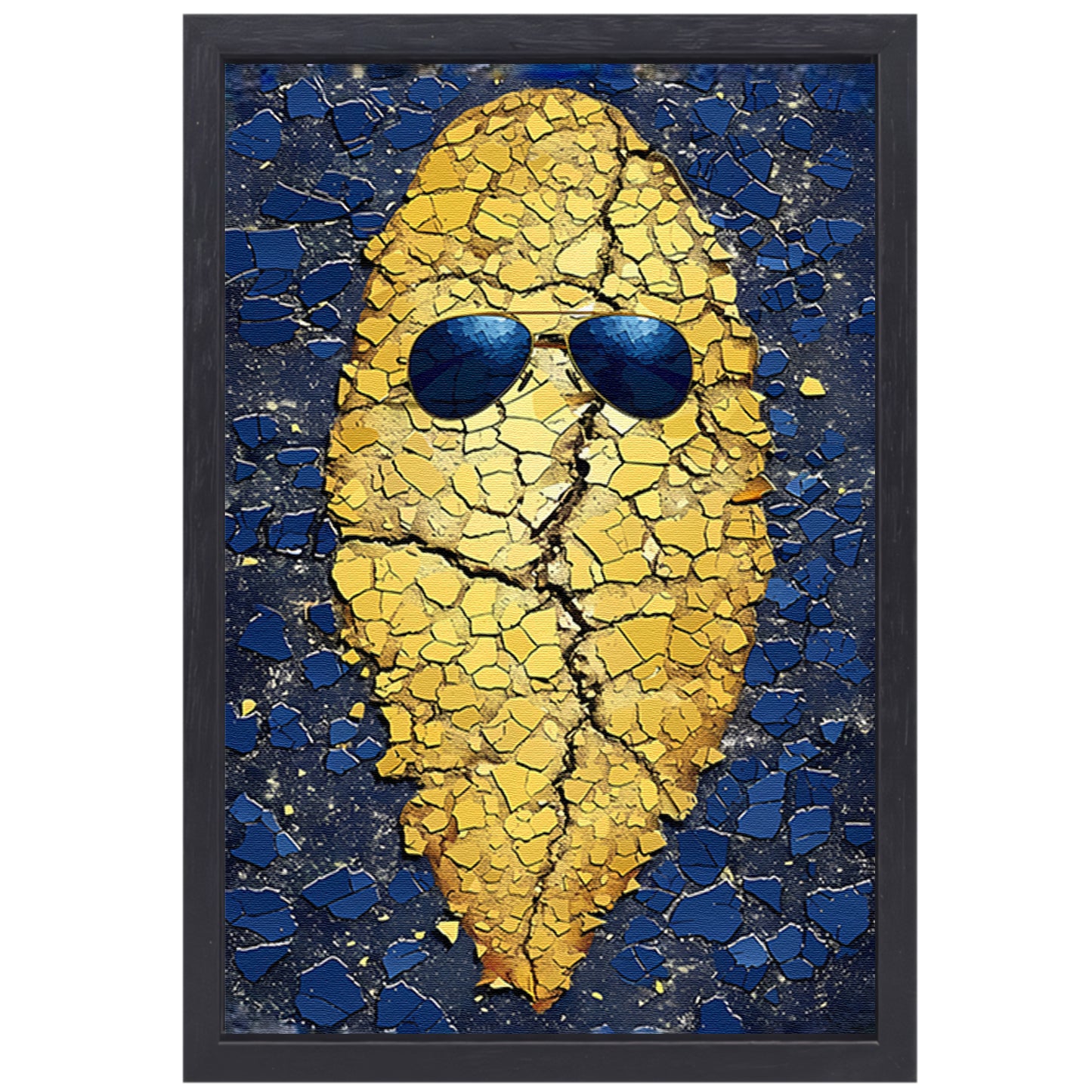 Gouden Aardappel met Zonnebril op Blauwe Achtergrond canvas met baklijst