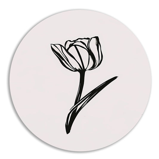 Minimalistische Zwarte Tulp op Wit aluminium muurcirkel