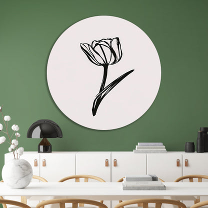 Minimalistische Zwarte Tulp op Wit aluminium muurcirkel