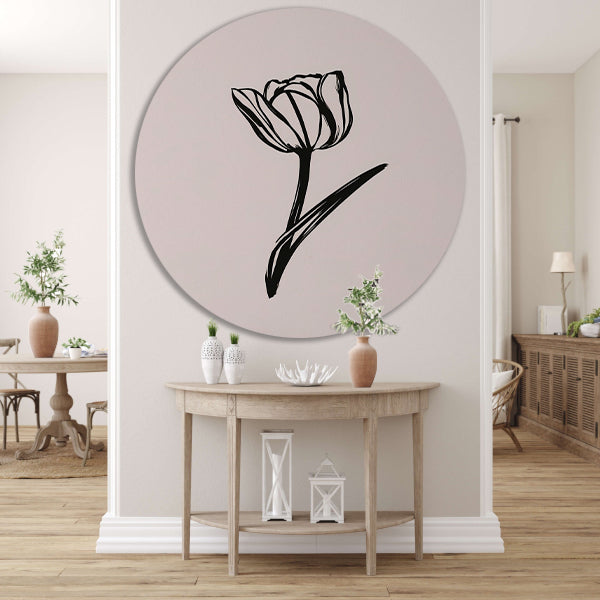 Minimalistische Zwarte Tulp op Wit aluminium muurcirkel