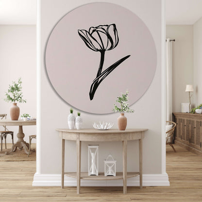 Minimalistische Zwarte Tulp op Wit aluminium muurcirkel