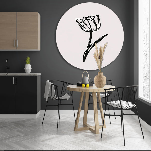 Minimalistische Zwarte Tulp op Wit aluminium muurcirkel