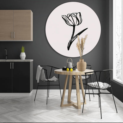 Minimalistische Zwarte Tulp op Wit aluminium muurcirkel