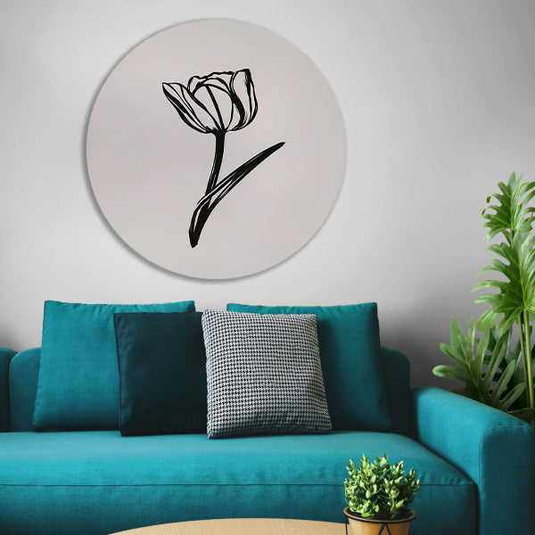 Minimalistische Zwarte Tulp op Wit aluminium muurcirkel