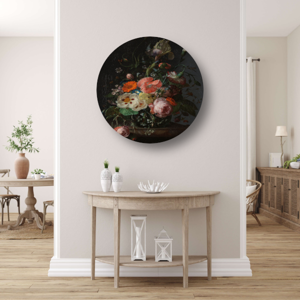 Stilleven met bloemen op een marmeren tafelblad - Rachel Ruysch aluminium muurcirkel