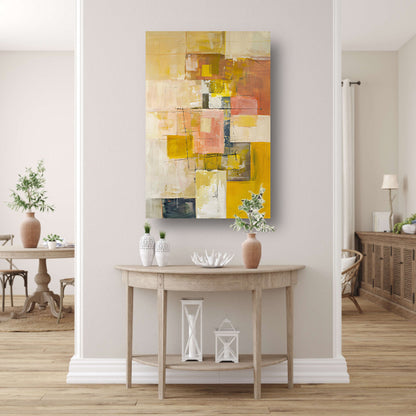 Geometrische abstractie in zachte kleurtonen canvas met baklijst