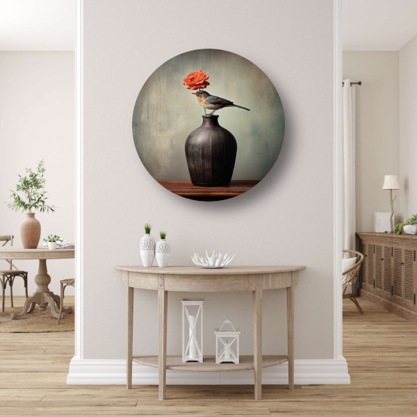 Minimalistische vaas met bloem in close-up aluminium muurcirkel