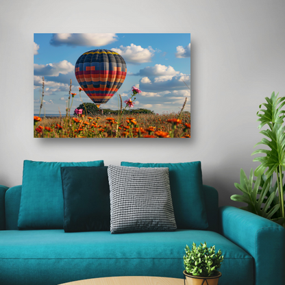 Luchtballon boven Bloemenveld canvas met baklijst