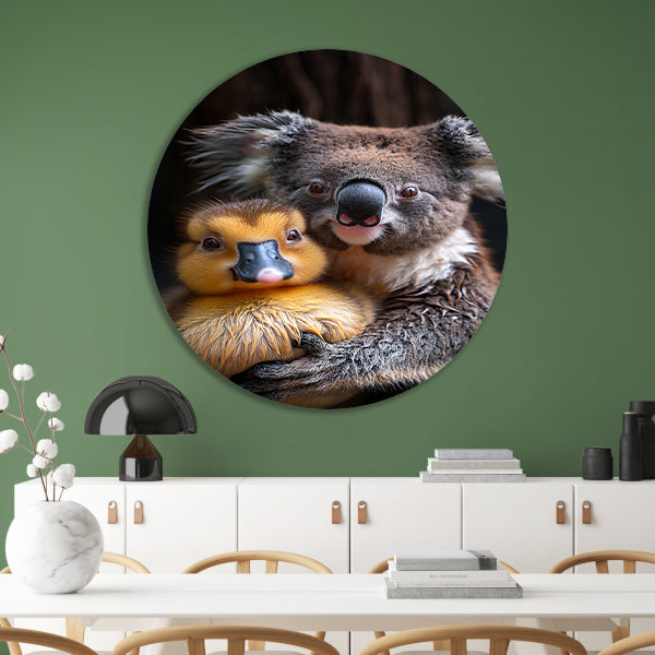 Koala en eend knuffelen in de natuur forex muurcirkel