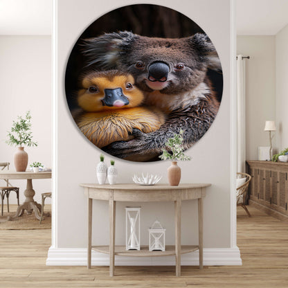 Koala en eend knuffelen in de natuur forex muurcirkel