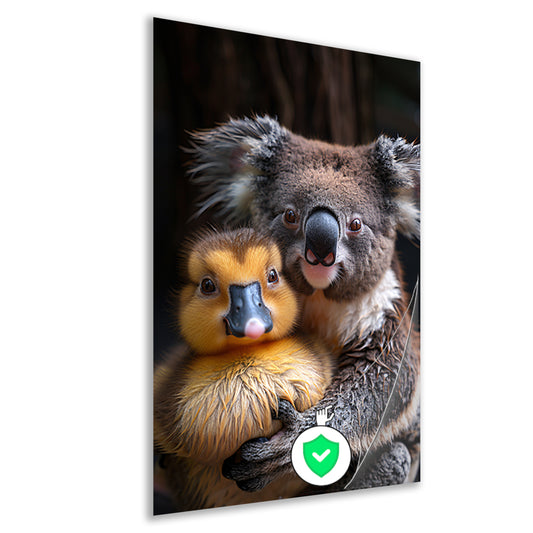 Koala en eend knuffelen in de natuur poster