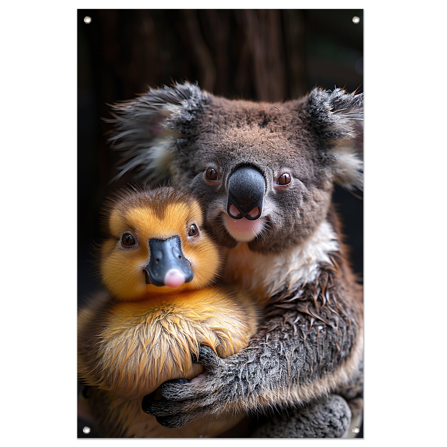 Koala en eend knuffelen in de natuur tuinposter