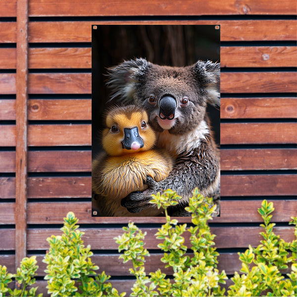 Koala en eend knuffelen in de natuur tuinposter