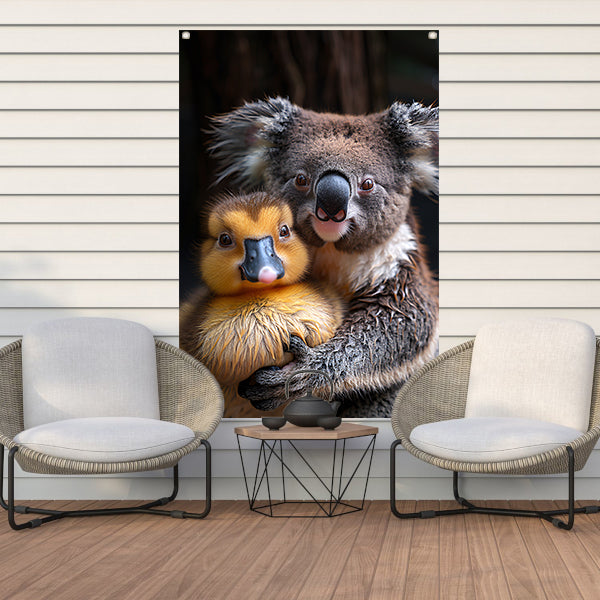 Koala en eend knuffelen in de natuur tuinposter