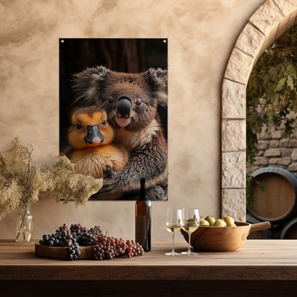 Koala en eend knuffelen in de natuur tuinposter