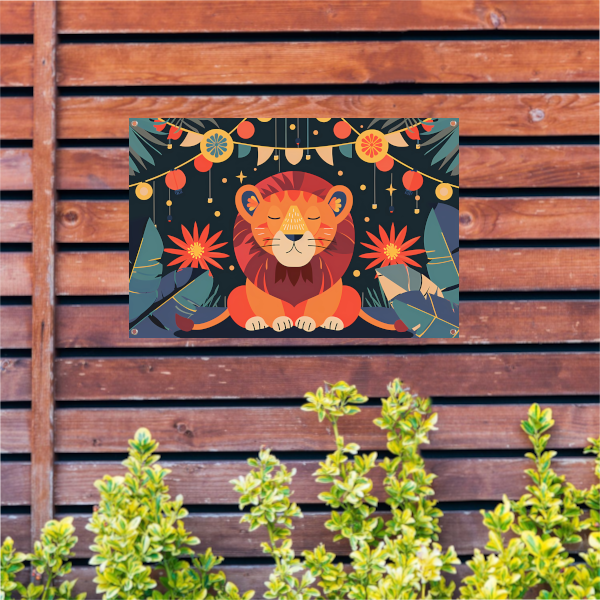 Sterrennacht met leeuw en feestlampen tuinposter