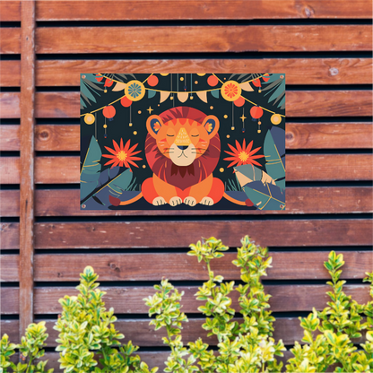 Sterrennacht met leeuw en feestlampen tuinposter