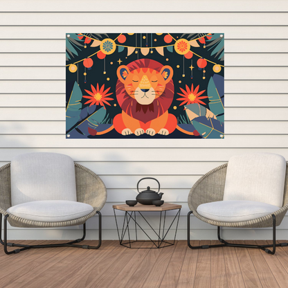 Sterrennacht met leeuw en feestlampen tuinposter