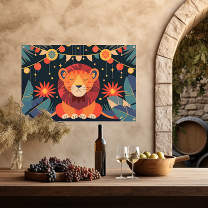 Sterrennacht met leeuw en feestlampen tuinposter