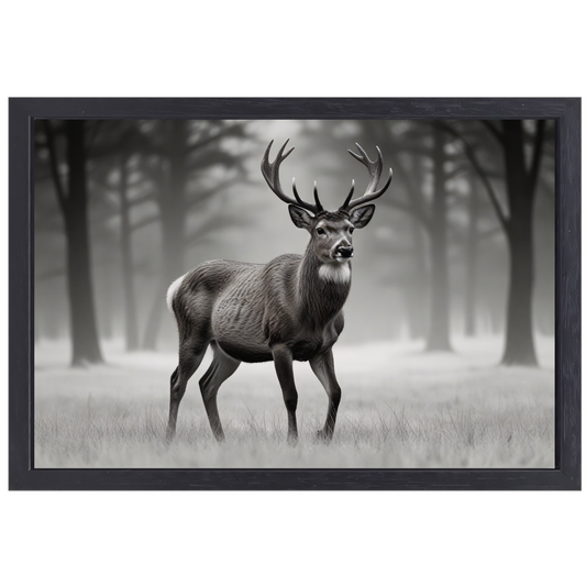 Stilte van het hert in mistig bos canvas met baklijst