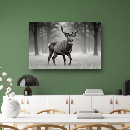 Stilte van het hert in mistig bos poster