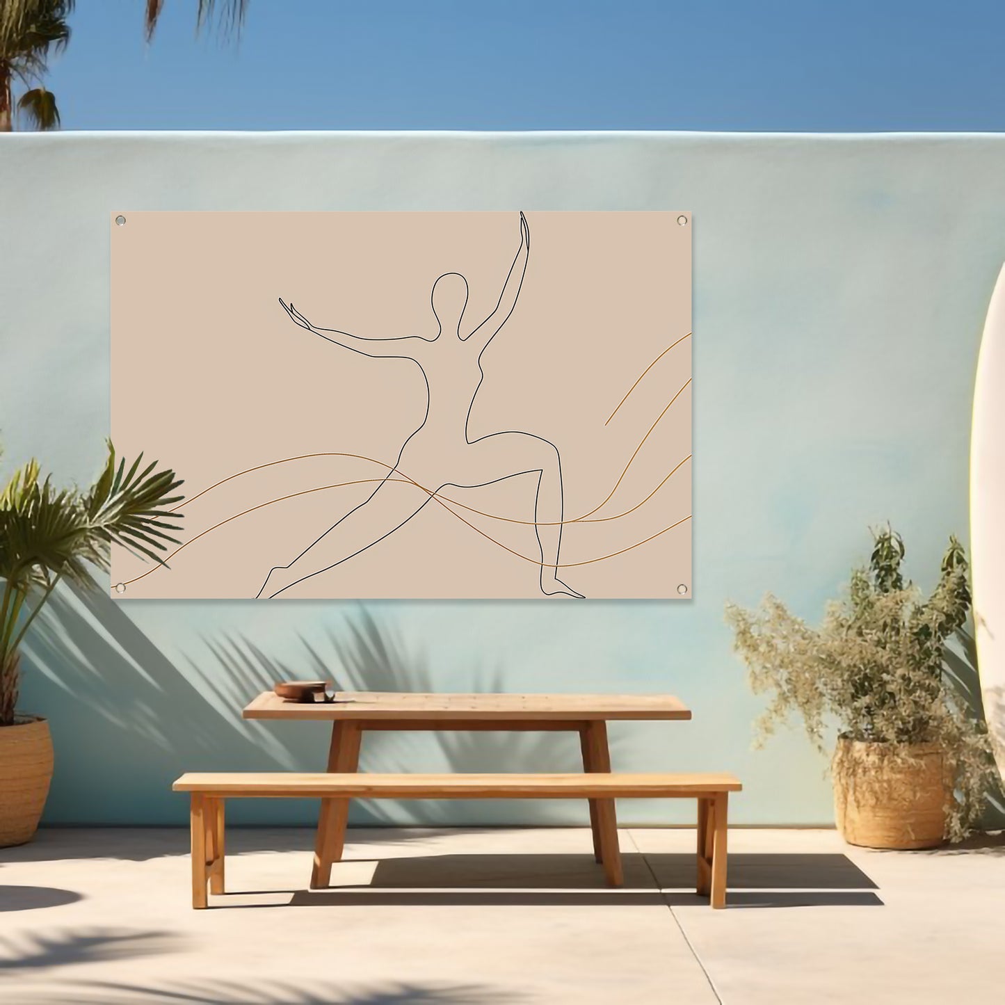 Abstracte minimalistische lijntekening van figuur tuinposter