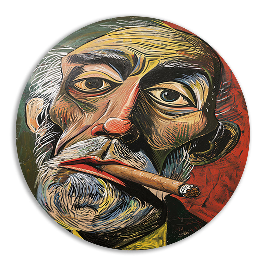 Abstract portret met felle kleuren en sigaar aluminium muurcirkel