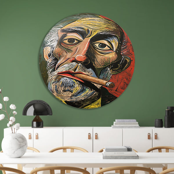 Abstract portret met felle kleuren en sigaar forex muurcirkel