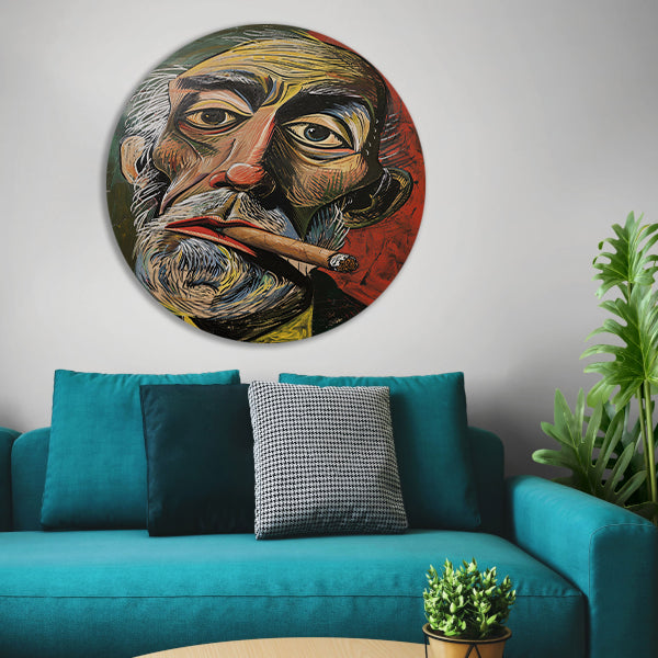 Abstract portret met felle kleuren en sigaar aluminium muurcirkel