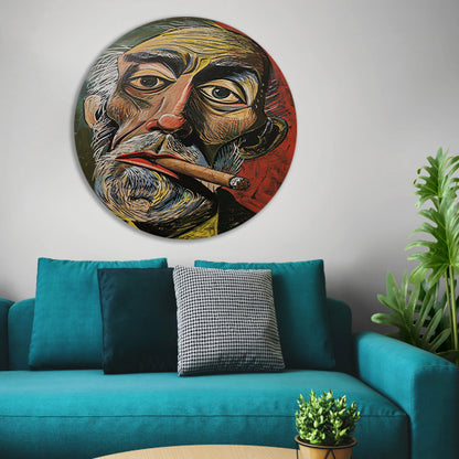 Abstract portret met felle kleuren en sigaar aluminium muurcirkel