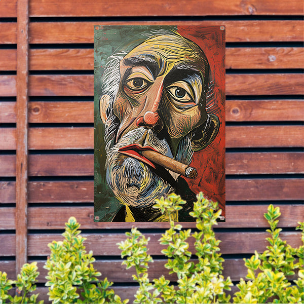 Abstract portret met felle kleuren en sigaar tuinposter