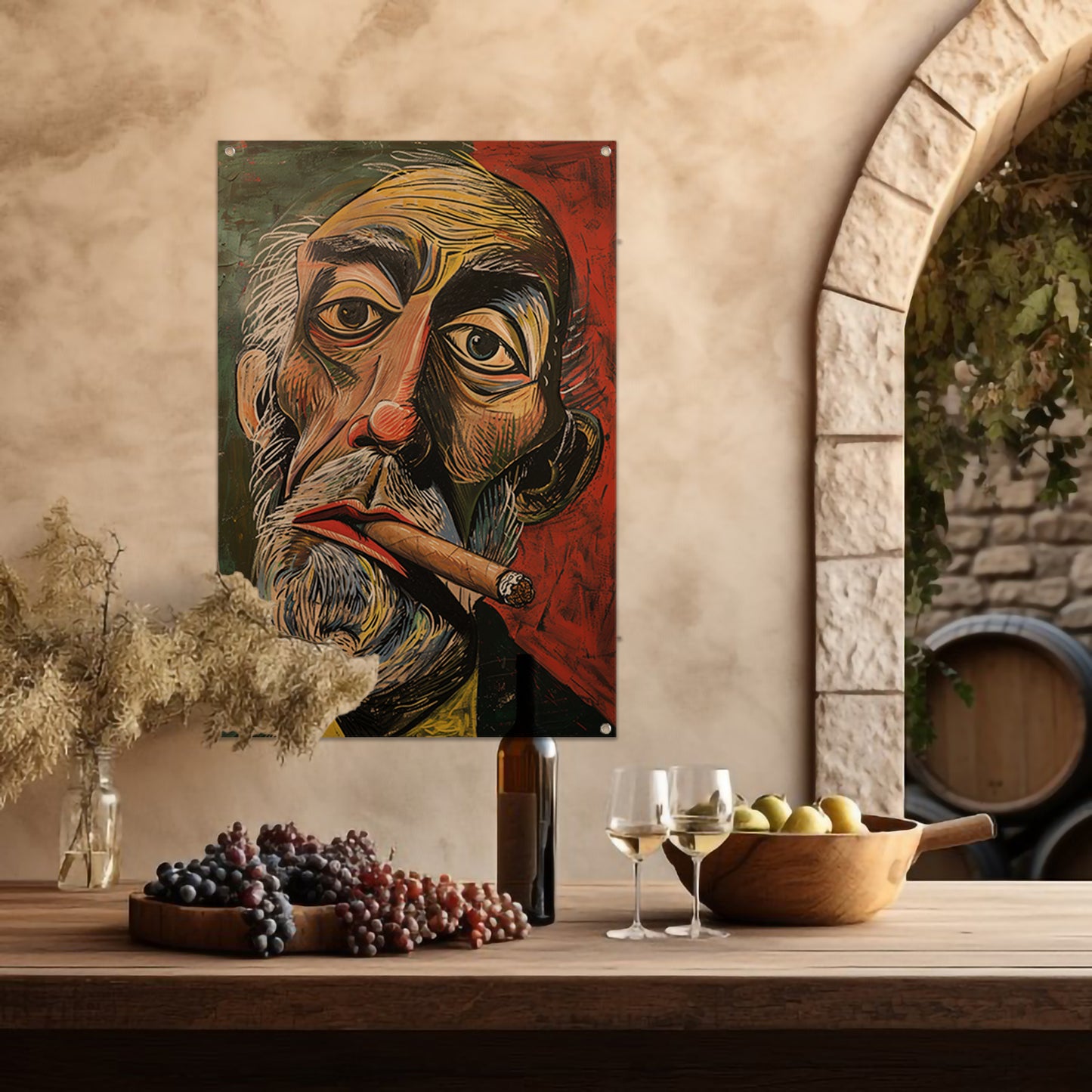 Abstract portret met felle kleuren en sigaar tuinposter