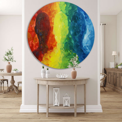 Kleurrijke abstracte silhouetten in dynamisch ontwerp aluminium muurcirkel