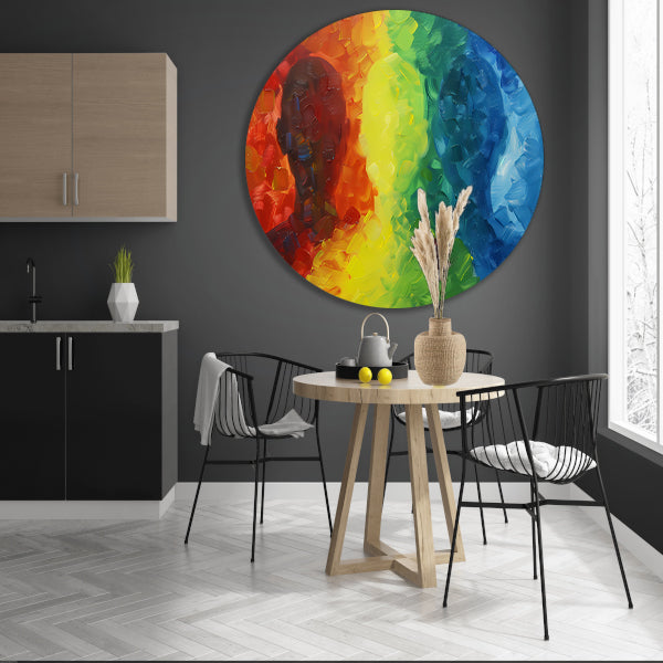 Kleurrijke abstracte silhouetten in dynamisch ontwerp aluminium muurcirkel