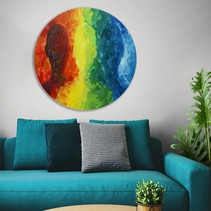 Kleurrijke abstracte silhouetten in dynamisch ontwerp aluminium muurcirkel