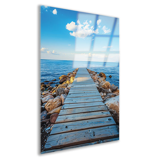Houten steiger leidt naar serene blauwe zee acrylglas