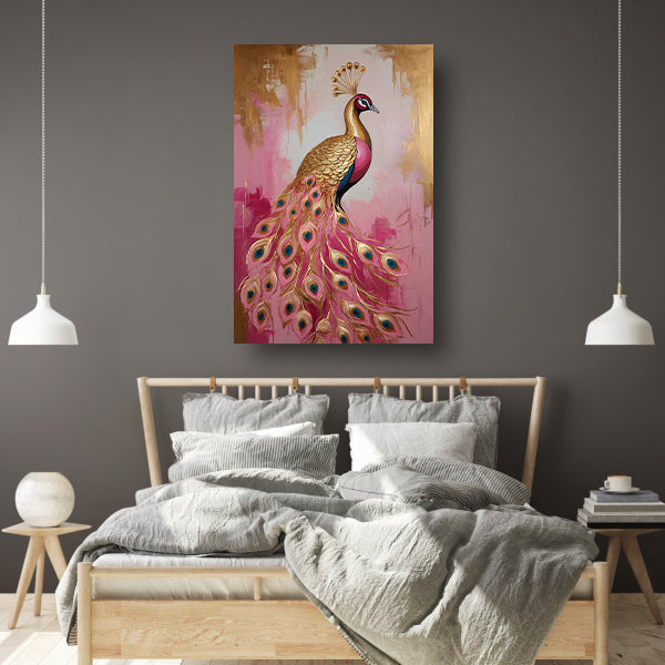 Elegante Gouden Pauw op Roze Achtergrond canvas