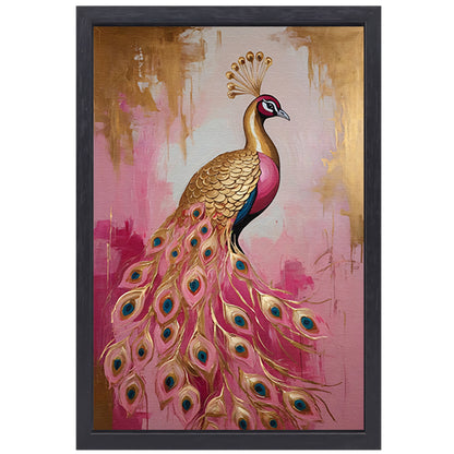 Elegante Gouden Pauw op Roze Achtergrond canvas met baklijst