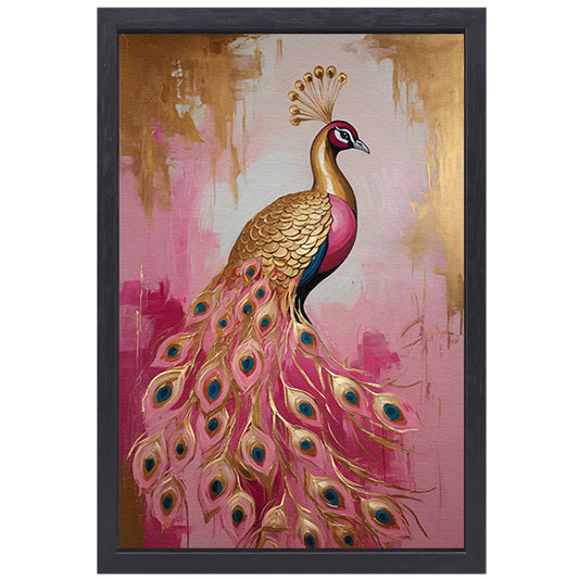 Elegante Gouden Pauw op Roze Achtergrond canvas met baklijst