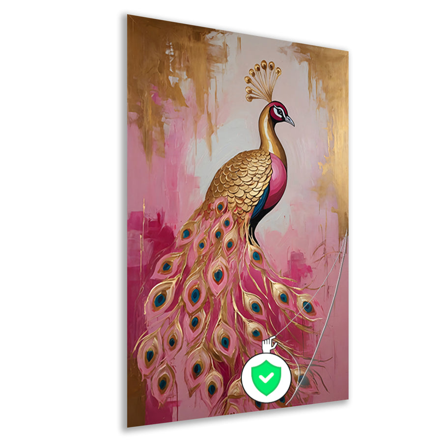 Elegante Gouden Pauw op Roze Achtergrond poster