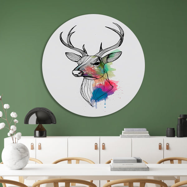 Minimalistisch lijnkunst hert in kleurexplosie forex muurcirkel